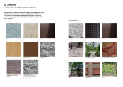 Et materialebrett (material board) som viser ulike eksteriørmaterialer som skal brukes i prosjektet, inkludert teksturer og bilder av materialer som skifer, puss, kobber, tre, tegl og glass.