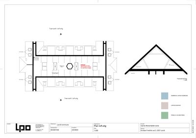Tegning som viser et tverrsnitt (snitt) gjennom et loftsetasje, med romfordeling og konstruksjonsdetaljer.