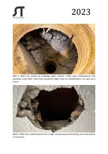 Fotografier av et hull i en vegg som viser konstruksjonslagene, inkludert sponplater, murpuss og trevirkearmering.