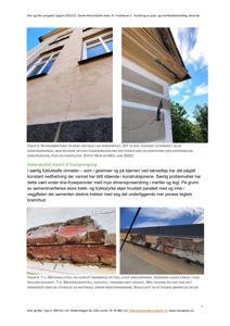 Fotografier av en bygning som viser revner i puss og materialutfall på teglverk, inkludert detaljer av fukt og korrosjon.