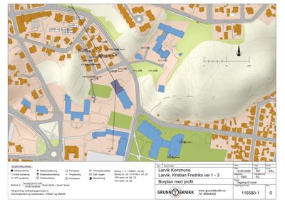 Situasjonsplan (borplan) som viser eiendomsforhold, nabobygninger, terrengform og prosjekteringsområde.