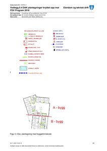 Etasjeplan (plantegning) som viser romfordeling og bygningsinndeling for to bygg (A og B), inkludert branninnretninger og byggetrinnskode.