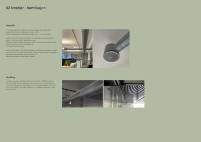 Fotografier av tekniske installasjoner (ventilasjonsrør og takkonstruksjon) i et kontorinteriør.