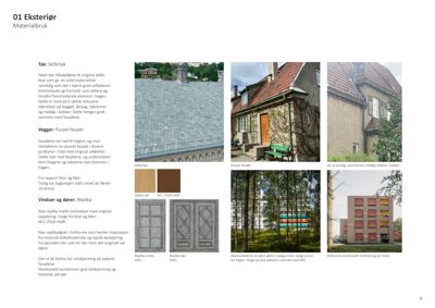 Et dokument som viser flere fotografier av en bygning (tak, fasade, vinduer) sammen med tekstbeskrivelser av materialbruk og designvalg.