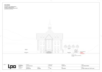 Fasadetegning (opprikk) av en bygning med angitte mål og detaljer.
