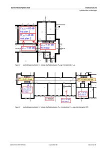 Etasjeplaner (1. og 2. etasje) med overlagte måleresultater for lydisolering og etterklangstid.
