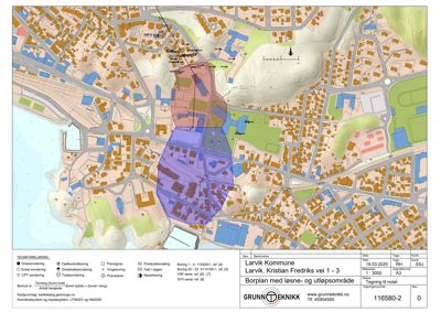 Kart over Larvik med overlagte soner for borettslagsområde (læsnings- og utløpsområde) og borepunkter.