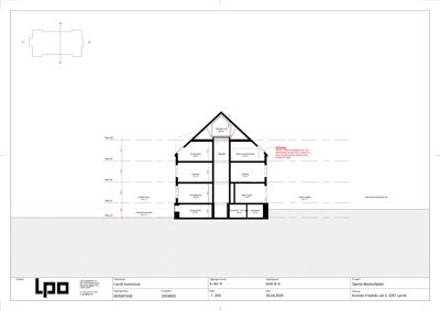Snittegning (Snitt B-b) som viser bygningens tverrsnitt, høyder, romfordeling og konstruksjonsdetaljer.