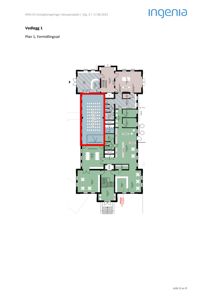 Etasjeplan (Plan 1) som viser romfordeling, møblering og funksjoner i en formidlingssal.