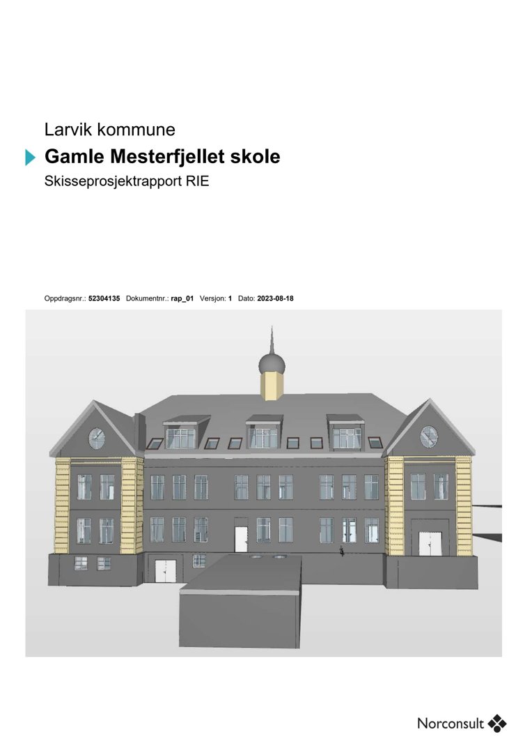 3D-visualisering (rendering) av fasaden på Gamle Mesterfjellet skole.