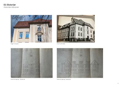 Et sammensatt bilde som viser dagens situasjon og historiske referanser (foto og tegninger) av en bygning.