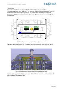 Dette bildet viser en teknisk detaljtegning (Figur 1) som illustrerer den foreslåtte plasseringen av ventilasjonsaggregater i et teknisk rom på loftet. Det inkluderer også en 3D-visualisering (Figur 2) av hvordan aggregatene henger ned i sjakter.