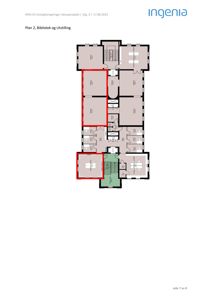 Etasjeplan (Plan 2) som viser romfordeling for Bibliotek og Utstilling, inkludert trapperom og dører.