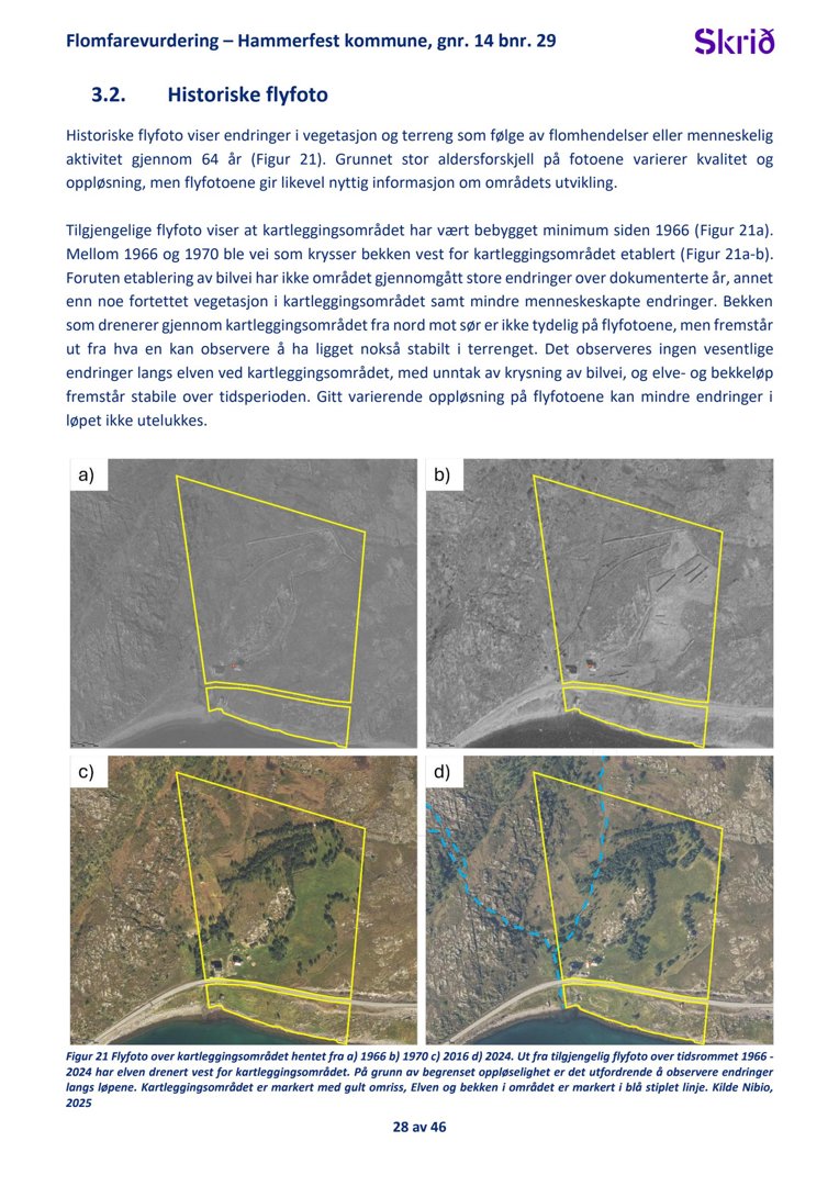 Historiske flyfoto over et kartleggingsområde i Hammerfest kommune, vist i fire paneler (a-d) fra 1966 til 2024.
