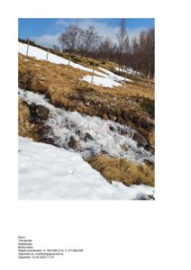 Fotografi av et naturområde med en bekk, snø og skogbakke.