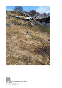 Fotografi av et steinete, grønt terreng med en delvis synlig bygning i bakgrunnen.