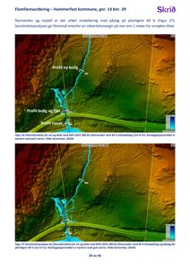 Et digitalt terrengmodell (DTM) som viser et elveløp med overlagte flomverdier (blått) og kartleggingsområde (gult).