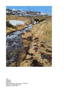 Fotografi av en elv eller bekke som renner nedover et skråning, med snøflekker og en bro i bakgrunnen.