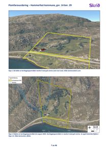 Bildet viser en flomfarevurdering for Hammerfest kommune. Det inneholder to bilder: øverst et 3D-bilde (rendering) av et kartleggingsområde, og nederst et flyfoto fra august 2024 med overlagte kartdata.