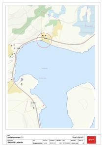 Kartutsnitt som viser topografi, veger (Seilandsveien), vann (Fiskebukta, Gullbergsjøen) og eiendomsinndeling i området.