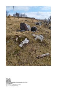 Fotografi av et fjellområde med store steiner, gress og en hekk i bakgrunnen.