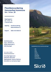 Fotografi av et landskap med fjell, en elv og en hytte, som er brukt som bakgrunn for en rapport om flomfarevurdering.