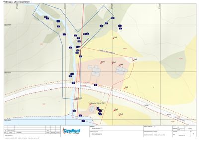 Situasjonsplan (observasjonskart) som viser topografi, eiendomsgranser, bygninger og observasjonspunkter.