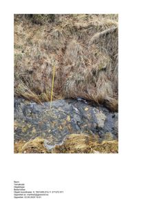 Fotografi av et terrengområde med en liten bekke eller elv, og en gul målestokk plassert i vannet.