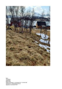 Fotografi av en bygning (rød og gul) sett fra et høyere punkt, med snøflekker og trær i forgrunnen.