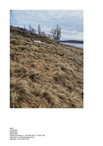 Fotografi av et terreng med grøftete, tørre gras, en steinete bakke og et vannområde i bakgrunnen.