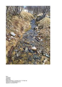 Fotografi av en bekke eller elv i et naturområde med trær og snø i bakgrunnen.