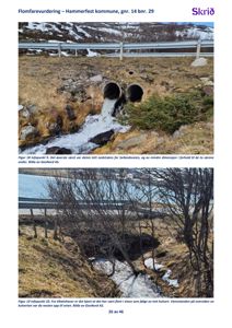 Fotografier fra en flomfarevurdering som viser et utslipp fra rør og oversvømmelse ved en vei.