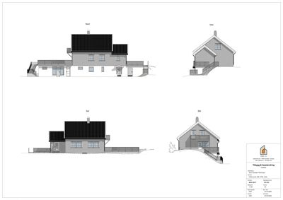 Fasadetegning som viser bygningens utseende fra fire sider (Nord, Vest, Sør, Øst).