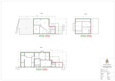 Plantegning som viser romfordeling og dimensjoner for 1. etasje, 2. etasje og kjeller.