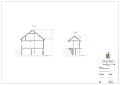 Snittegning (Snitt A og Snitt B) som viser bygningens tverrsnitt, høyder og konstruksjon.