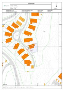 Situasjonskart som viser tomtene, bygningenes plassering og vegnett i et boligområde.