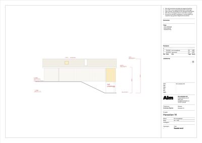 Fasadetegning som viser utsiden av bygningen sett fra nord, med mål og notasjoner om endringer.