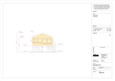 Fasadetegning av en bolig med mål og notasjoner