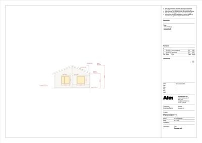 Fasadetegning av en bygning sett fra øst, med mål og notasjoner.
