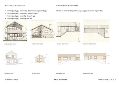 Bildet viser en samling tegninger av bygningens fasader, både dagens og nye forslag, inkludert utregning av arealene.
