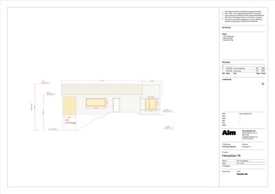 Fasadetegning som viser bygningens utseende sett fra siden, inkludert trapp og vinduer.
