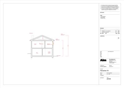 Snittegning som viser tverrsnittet av en bygning med romfordeling og mål.