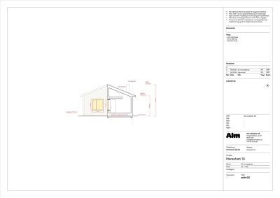 Fasadetegning som viser bygningens utseende fra siden med mål og detaljer.