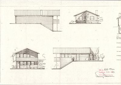 Bildet viser flere tegninger av bygningens fasader, inkludert front- og sideutsikter.