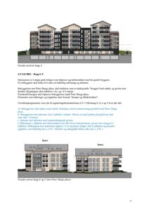 Fasadetegning av bygningene E og F med tekstbeskrivelse av bebyggelseskrav.