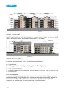 Bildet viser fasadetegninger for Bygg A, E og F, inkludert mål og beskrivelser av bygningenes høyde og takkonstruksjon.