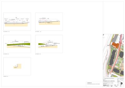 Bildet viser snittegninger (snitt) av en bygning, inkludert et detaljert snitt og en situasjonsplan med snittlinjer.
