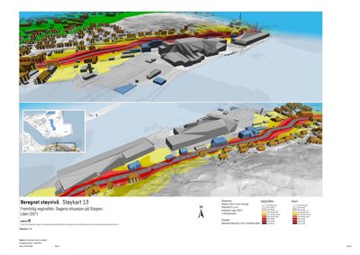 Støykart som viser beregnet støy fra vegtrafikk i Slippen, med fargekoding for støyintensitet og høydeoverflater.