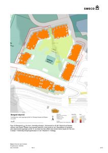 Situasjonsplan med beregnet støykart (Lden) for et planlagt bygganlegg. Kartet viser støyverdier i desibel (dB) fordelt på området, samt en orientering av bygningene i forhold til havn.