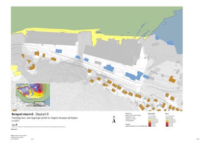 Situasjonsplan med beregnet støykart over et område ved havet, som viser topografi, bygningsfot og støysoner.